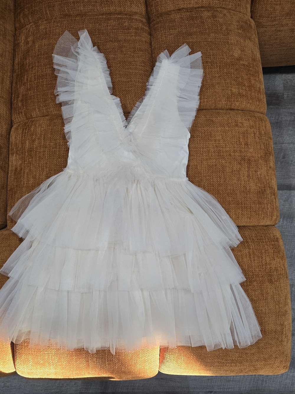 White Tiered Tulle Mini Dress with Ruffled Straps